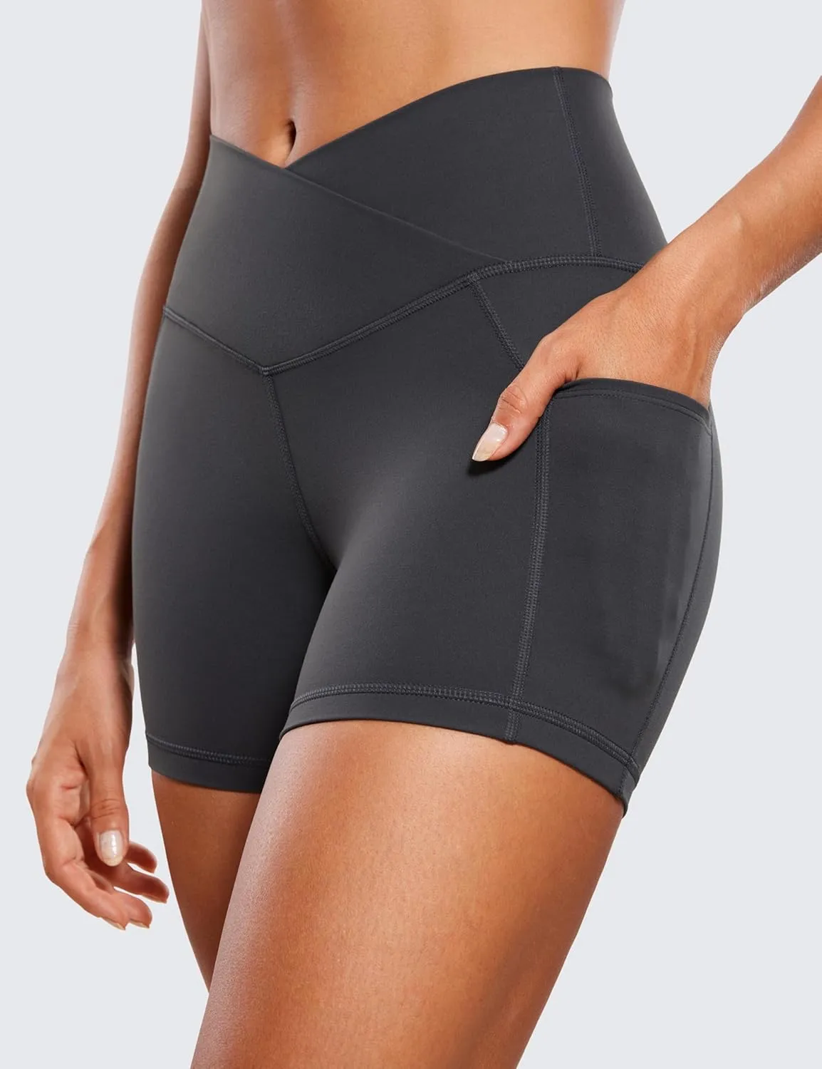 CRZ YOGA Womens Butterluxe Cross Waist Biker Shorts 4" - V Crossover High Waisted Side Pockets Workout Gym Yoga