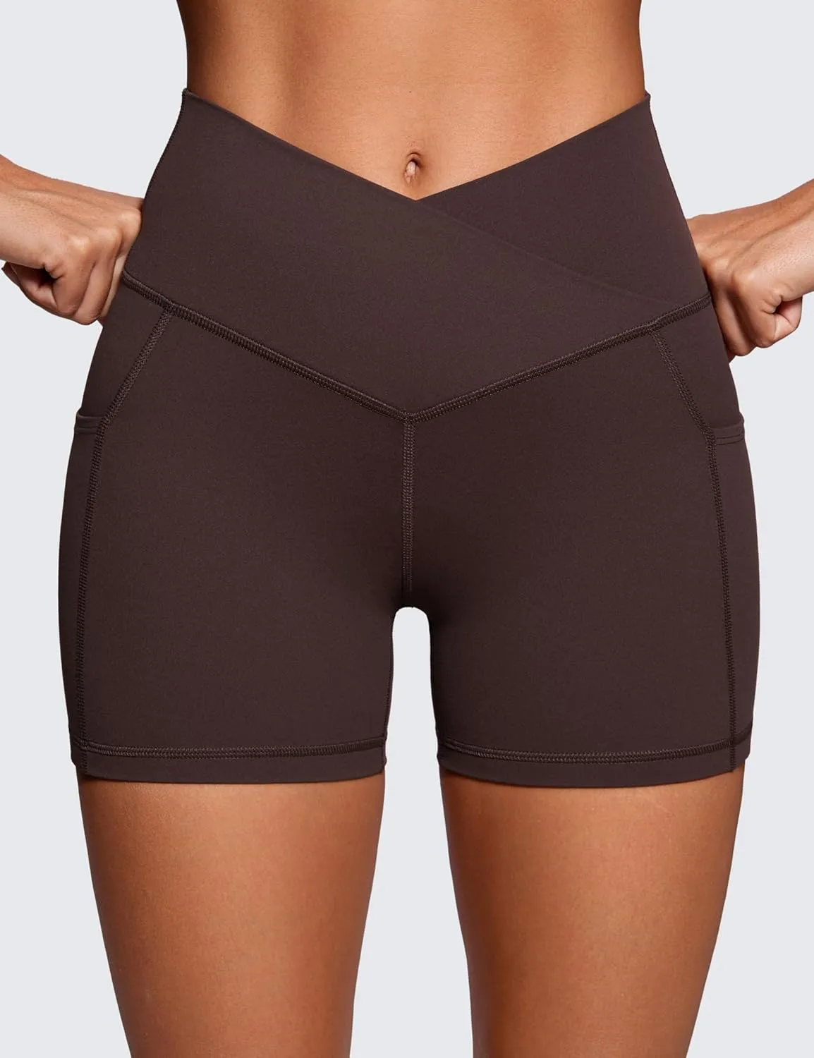 CRZ YOGA Womens Butterluxe Cross Waist Biker Shorts 4" - V Crossover High Waisted Side Pockets Workout Gym Yoga