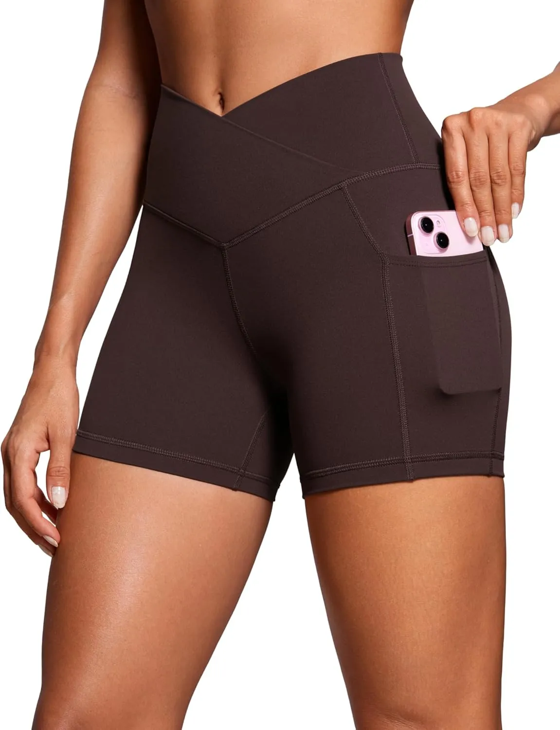 CRZ YOGA Womens Butterluxe Cross Waist Biker Shorts 4" - V Crossover High Waisted Side Pockets Workout Gym Yoga