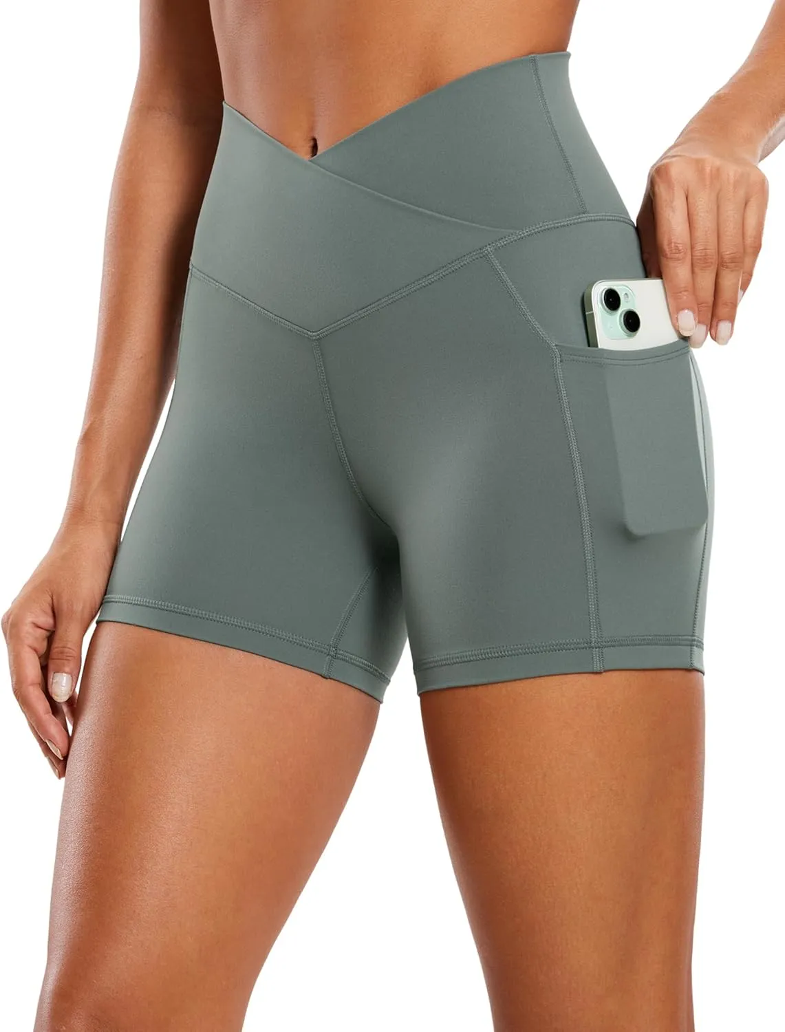 CRZ YOGA Womens Butterluxe Cross Waist Biker Shorts 4" - V Crossover High Waisted Side Pockets Workout Gym Yoga