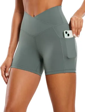 CRZ YOGA Womens Butterluxe Cross Waist Biker Shorts 4" - V Crossover High Waisted Side Pockets Workout Gym Yoga