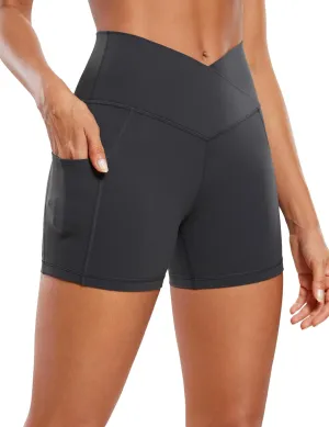 CRZ YOGA Womens Butterluxe Cross Waist Biker Shorts 4" - V Crossover High Waisted Side Pockets Workout Gym Yoga