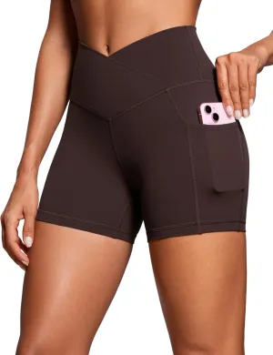CRZ YOGA Womens Butterluxe Cross Waist Biker Shorts 4" - V Crossover High Waisted Side Pockets Workout Gym Yoga