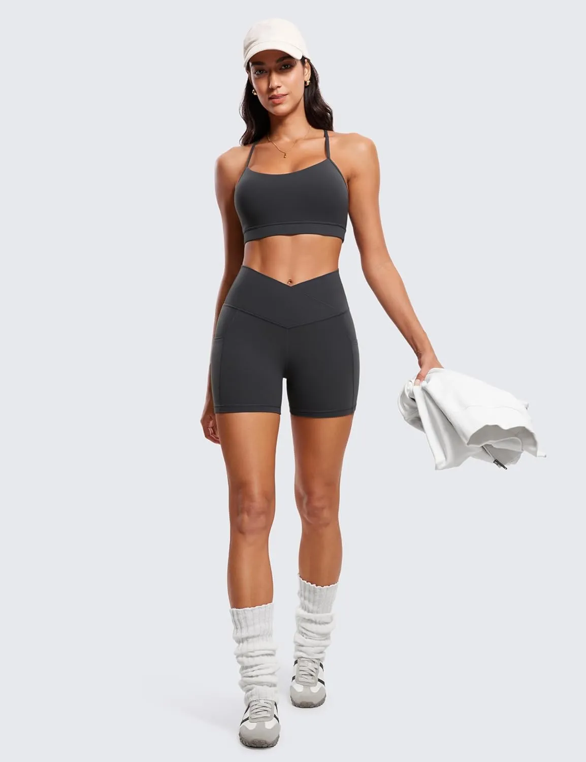 CRZ YOGA Womens Butterluxe Cross Waist Biker Shorts 4" - V Crossover High Waisted Side Pockets Workout Gym Yoga