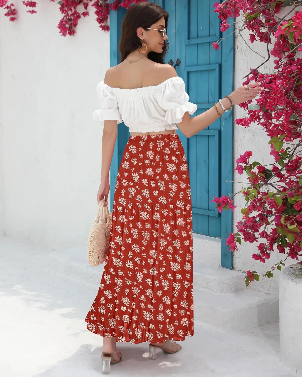 CYiNu Women's Chiffon Elastic High Waist Tiered Pleated Floral Printed A-Line Boho Long Maxi Skirts