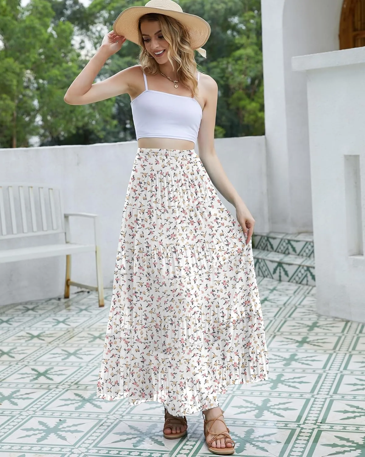 CYiNu Women's Chiffon Elastic High Waist Tiered Pleated Floral Printed A-Line Boho Long Maxi Skirts