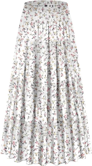 CYiNu Women's Chiffon Elastic High Waist Tiered Pleated Floral Printed A-Line Boho Long Maxi Skirts