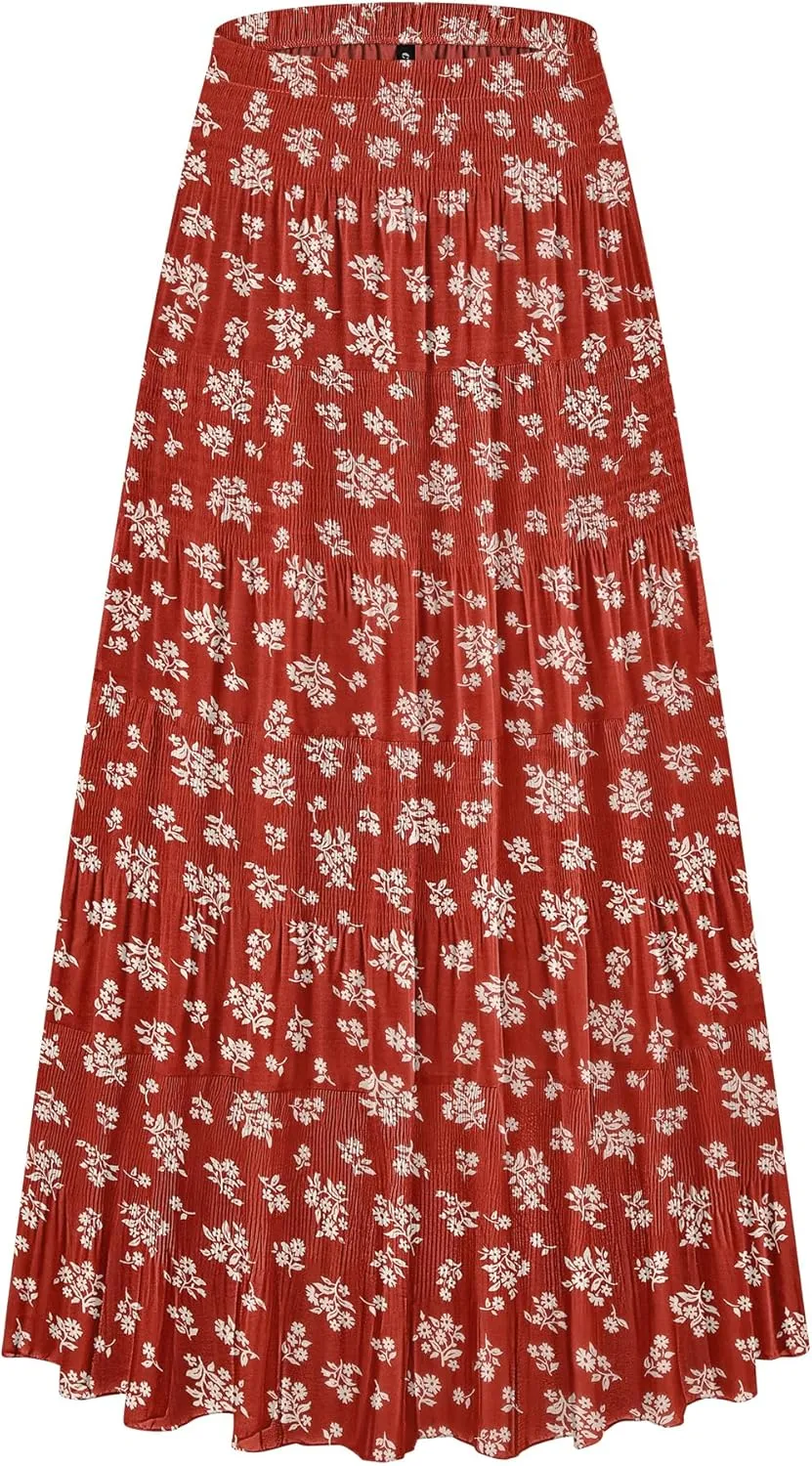 CYiNu Women's Chiffon Elastic High Waist Tiered Pleated Floral Printed A-Line Boho Long Maxi Skirts