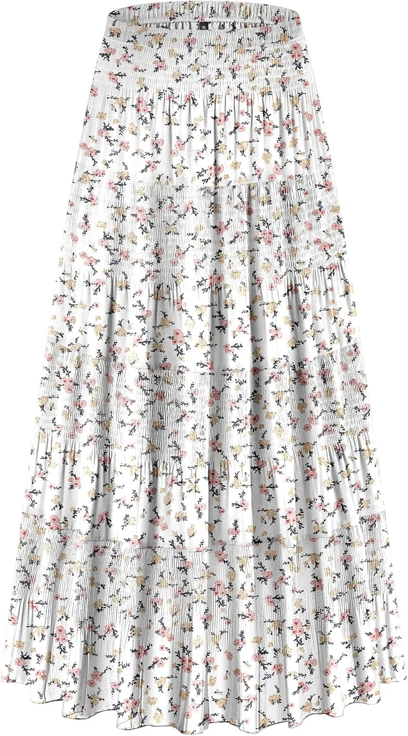CYiNu Women's Chiffon Elastic High Waist Tiered Pleated Floral Printed A-Line Boho Long Maxi Skirts