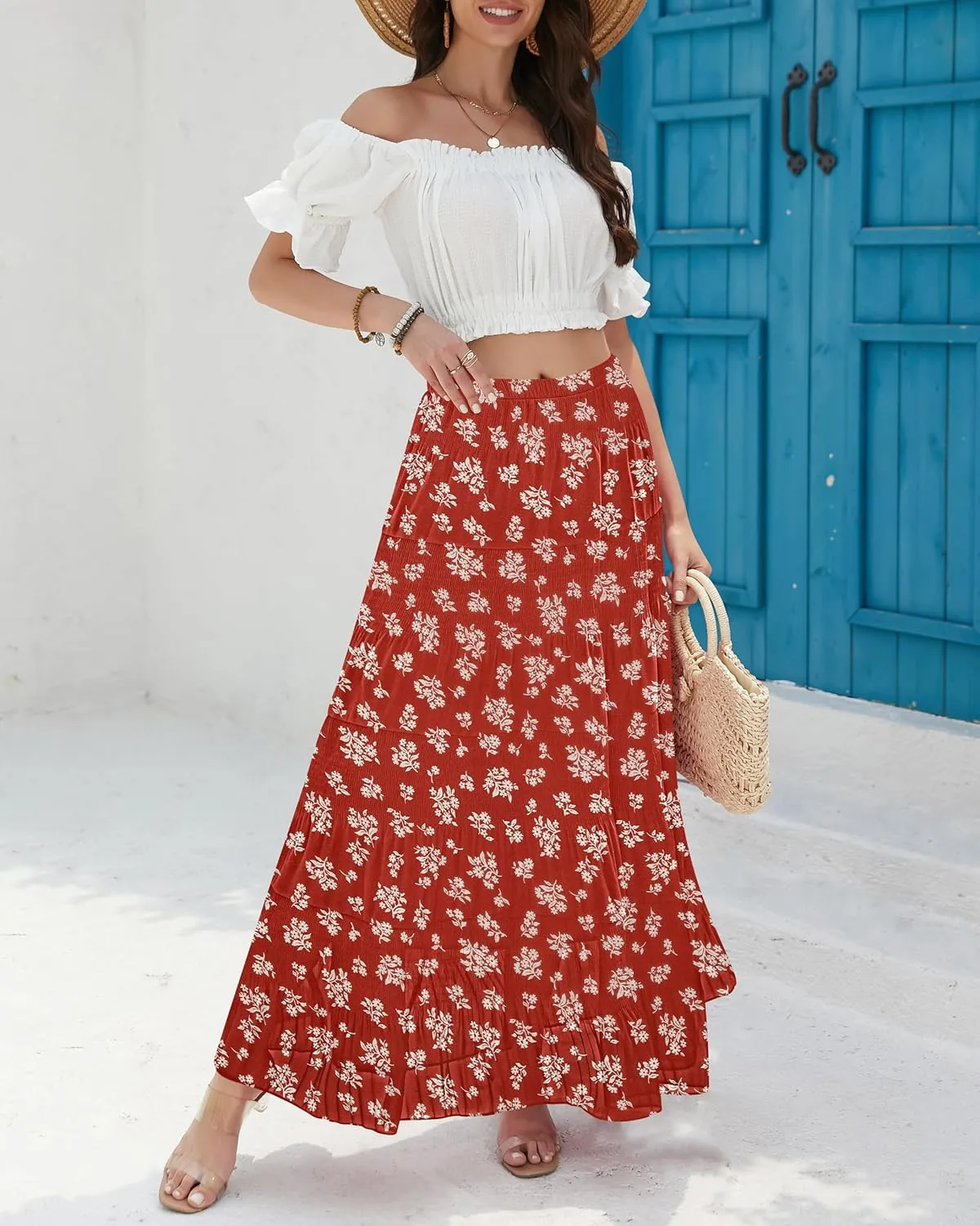 CYiNu Women's Chiffon Elastic High Waist Tiered Pleated Floral Printed A-Line Boho Long Maxi Skirts