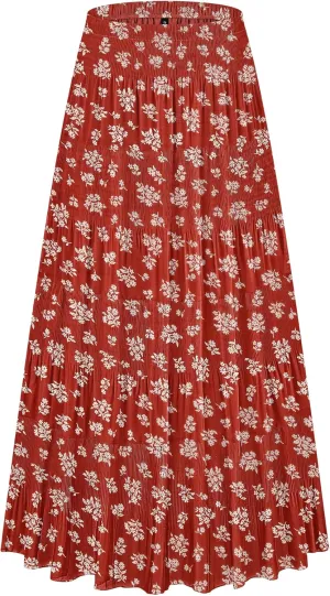 CYiNu Women's Chiffon Elastic High Waist Tiered Pleated Floral Printed A-Line Boho Long Maxi Skirts