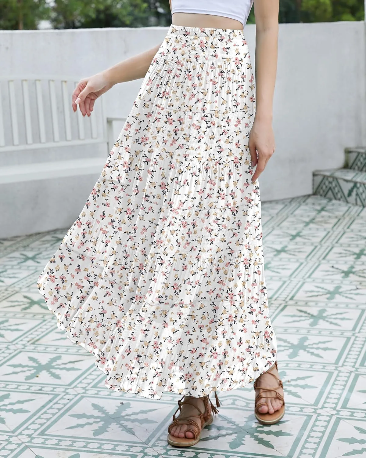 CYiNu Women's Chiffon Elastic High Waist Tiered Pleated Floral Printed A-Line Boho Long Maxi Skirts
