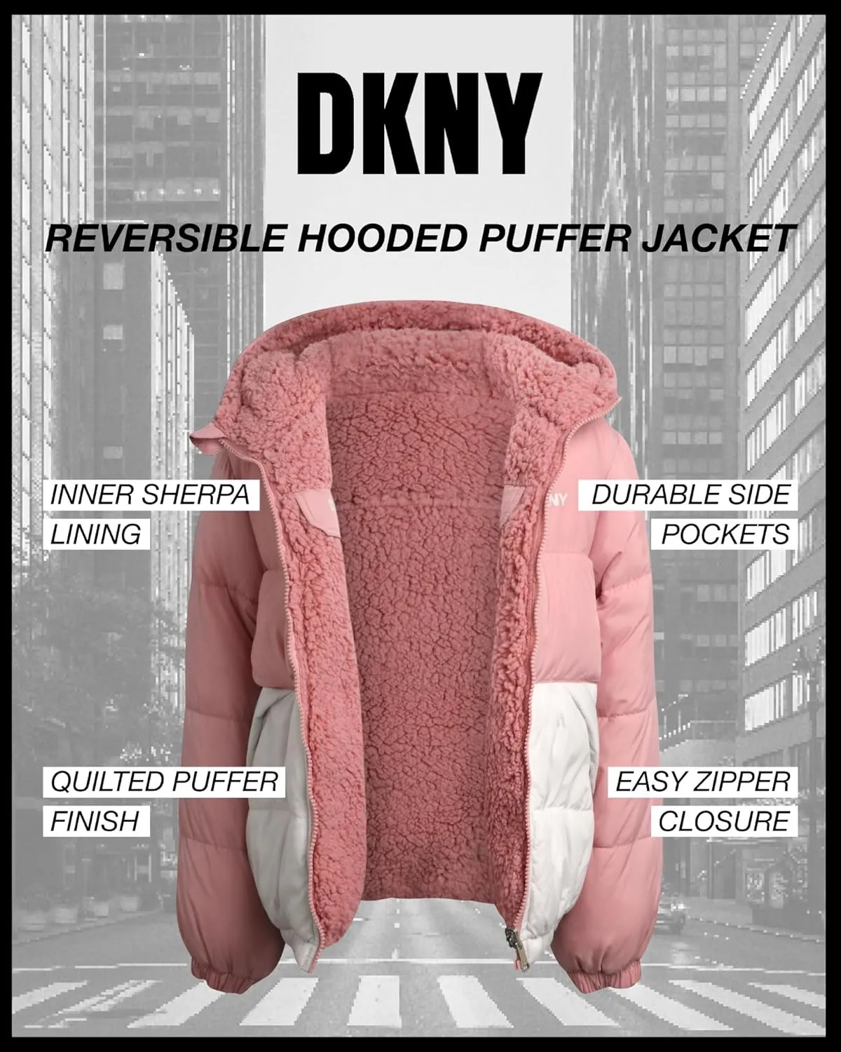 DKNY Girls' Reversible Puffer Jacket - Quilted Bubble to Sherpa Hooded Winter Coat - Warm Outerwear Jackets for Girls (7-16)