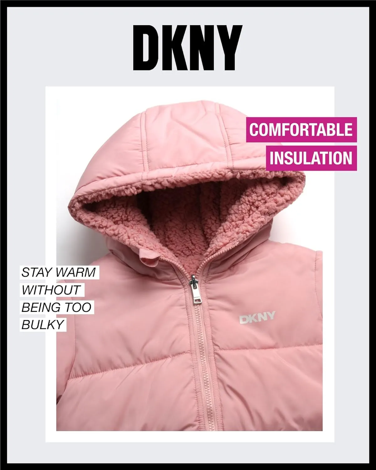 DKNY Girls' Reversible Puffer Jacket - Quilted Bubble to Sherpa Hooded Winter Coat - Warm Outerwear Jackets for Girls (7-16)