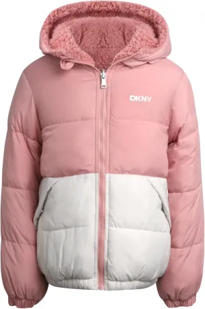 DKNY Girls' Reversible Puffer Jacket - Quilted Bubble to Sherpa Hooded Winter Coat - Warm Outerwear Jackets for Girls (7-16)