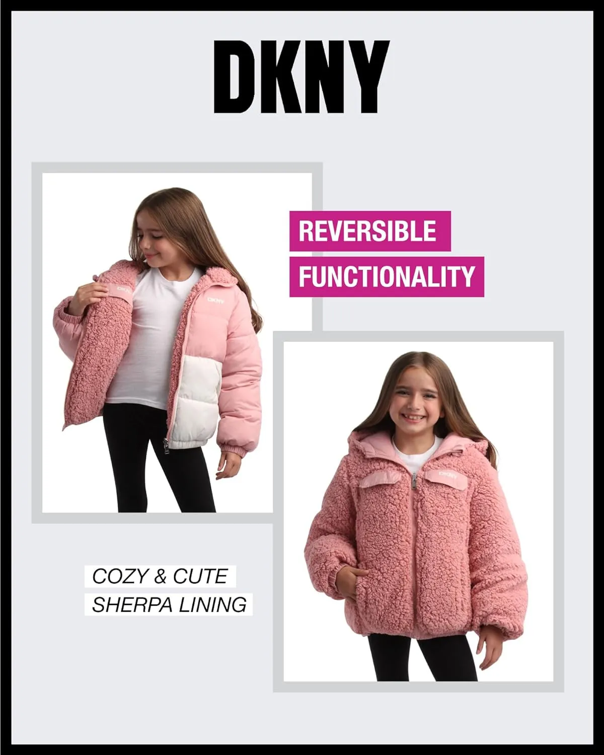 DKNY Girls' Reversible Puffer Jacket - Quilted Bubble to Sherpa Hooded Winter Coat - Warm Outerwear Jackets for Girls (7-16)