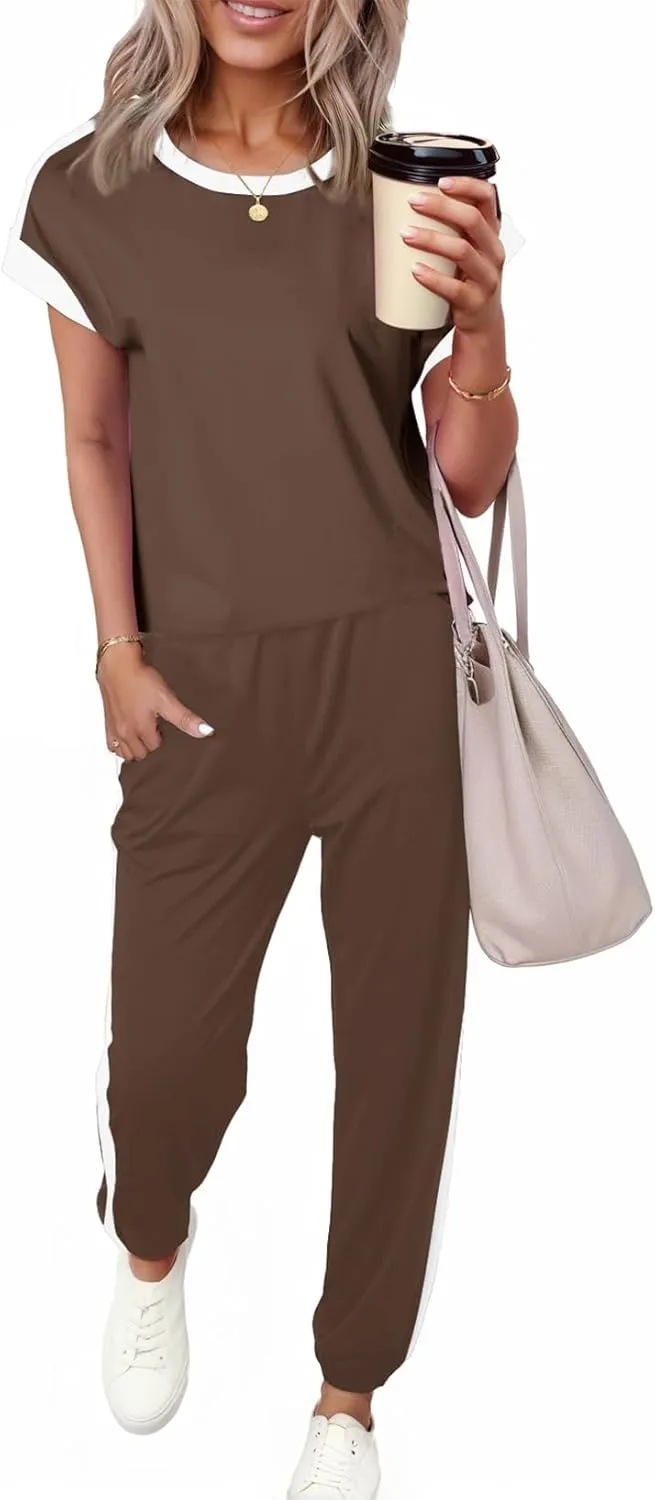 Dokotoo Women's 2 Piece Outfits Sweatsuit Colorblock Comfy Lounge Sets Knit Short Sleeve Jogger Sweatpants Tracksuits