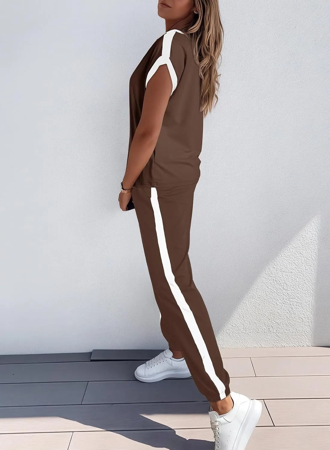 Dokotoo Women's 2 Piece Outfits Sweatsuit Colorblock Comfy Lounge Sets Knit Short Sleeve Jogger Sweatpants Tracksuits