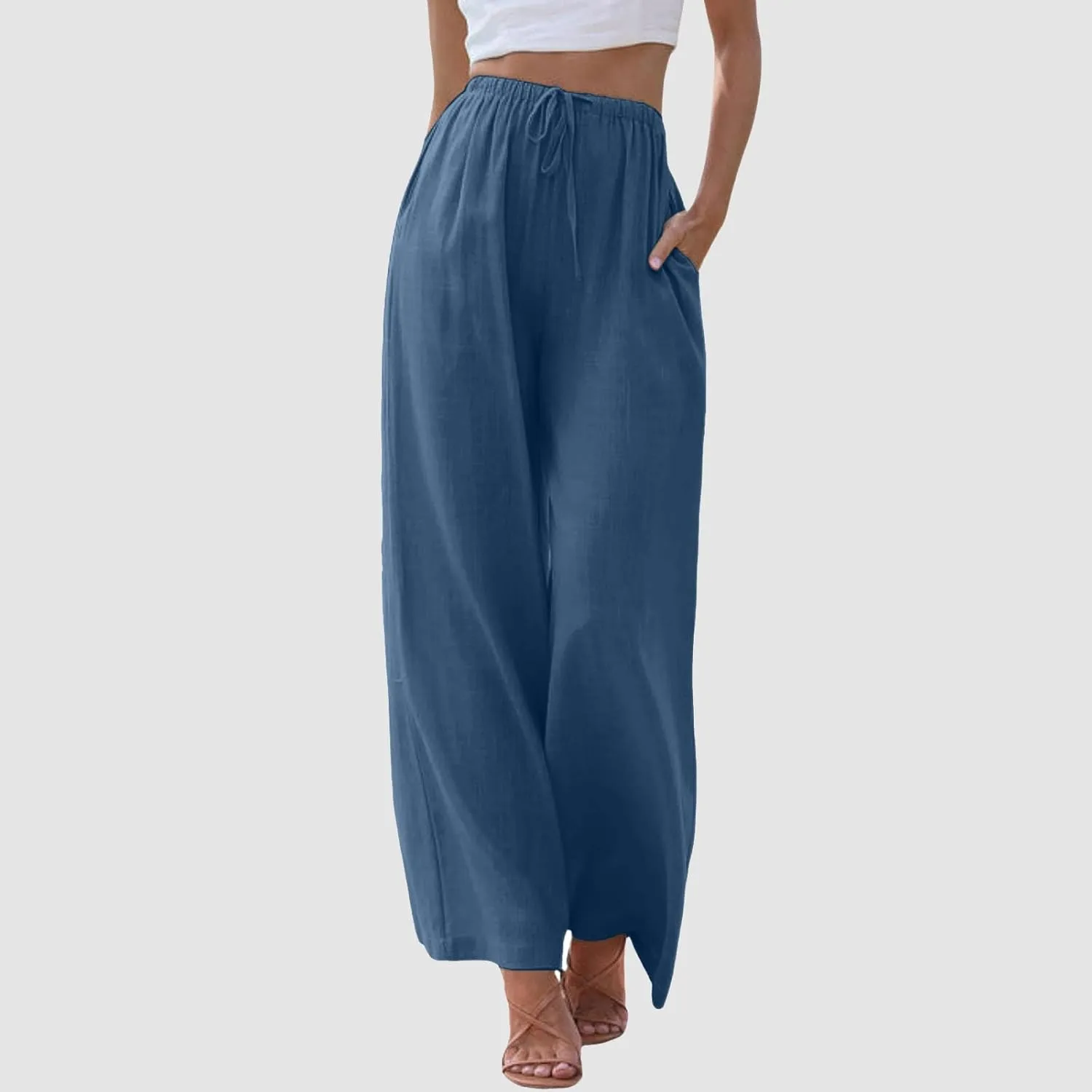 Drawstring Pants Women Straight Leg Summer Breathable Wide Leg Casual Comfy High Waist Palazzo Trousers with Pocket
