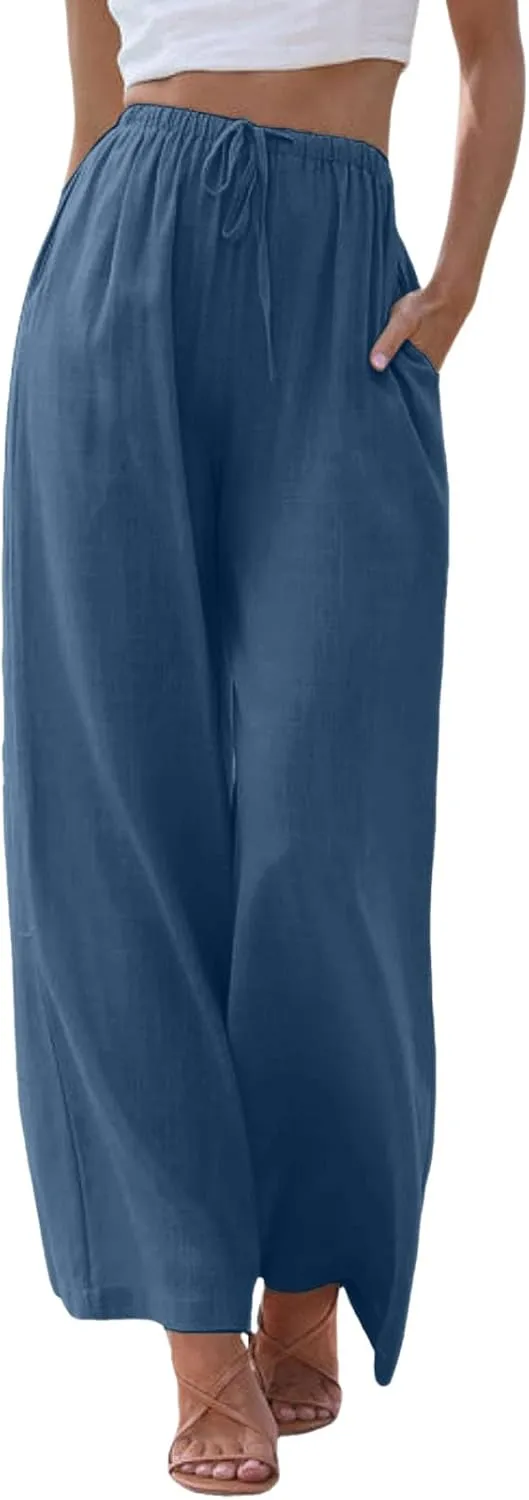 Drawstring Pants Women Straight Leg Summer Breathable Wide Leg Casual Comfy High Waist Palazzo Trousers with Pocket