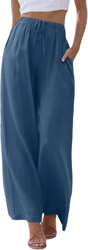 Drawstring Pants Women Straight Leg Summer Breathable Wide Leg Casual Comfy High Waist Palazzo Trousers with Pocket