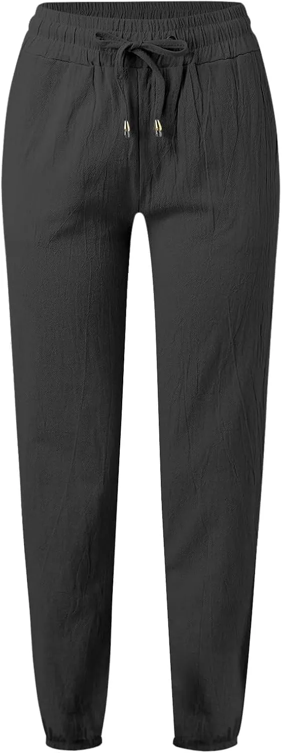 Dressy Casual Linen Pants for Women Comfy Cotton Pant Summer Beach Pants Drawstring Elastic Waist Straight Trousers