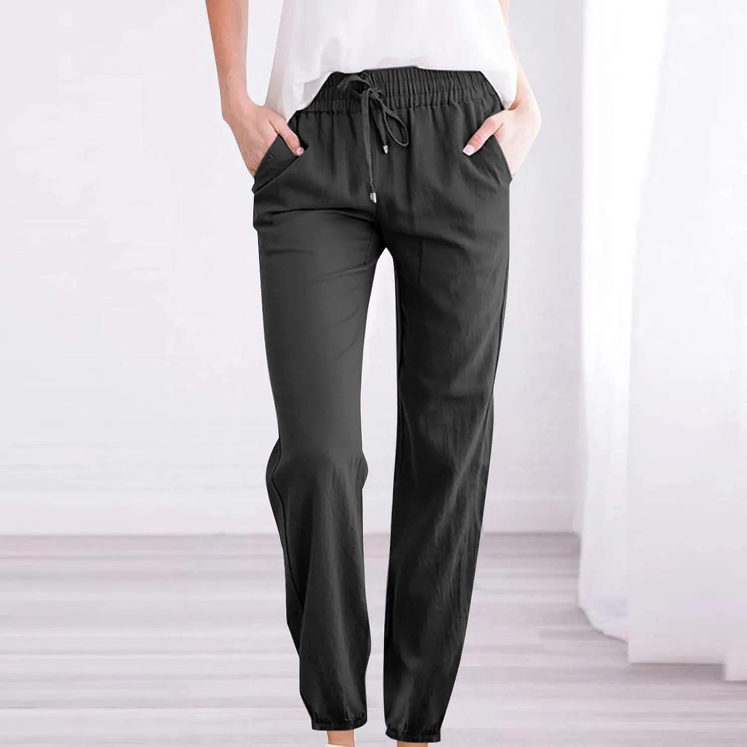 Dressy Casual Linen Pants for Women Comfy Cotton Pant Summer Beach Pants Drawstring Elastic Waist Straight Trousers
