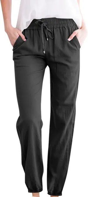 Dressy Casual Linen Pants for Women Comfy Cotton Pant Summer Beach Pants Drawstring Elastic Waist Straight Trousers
