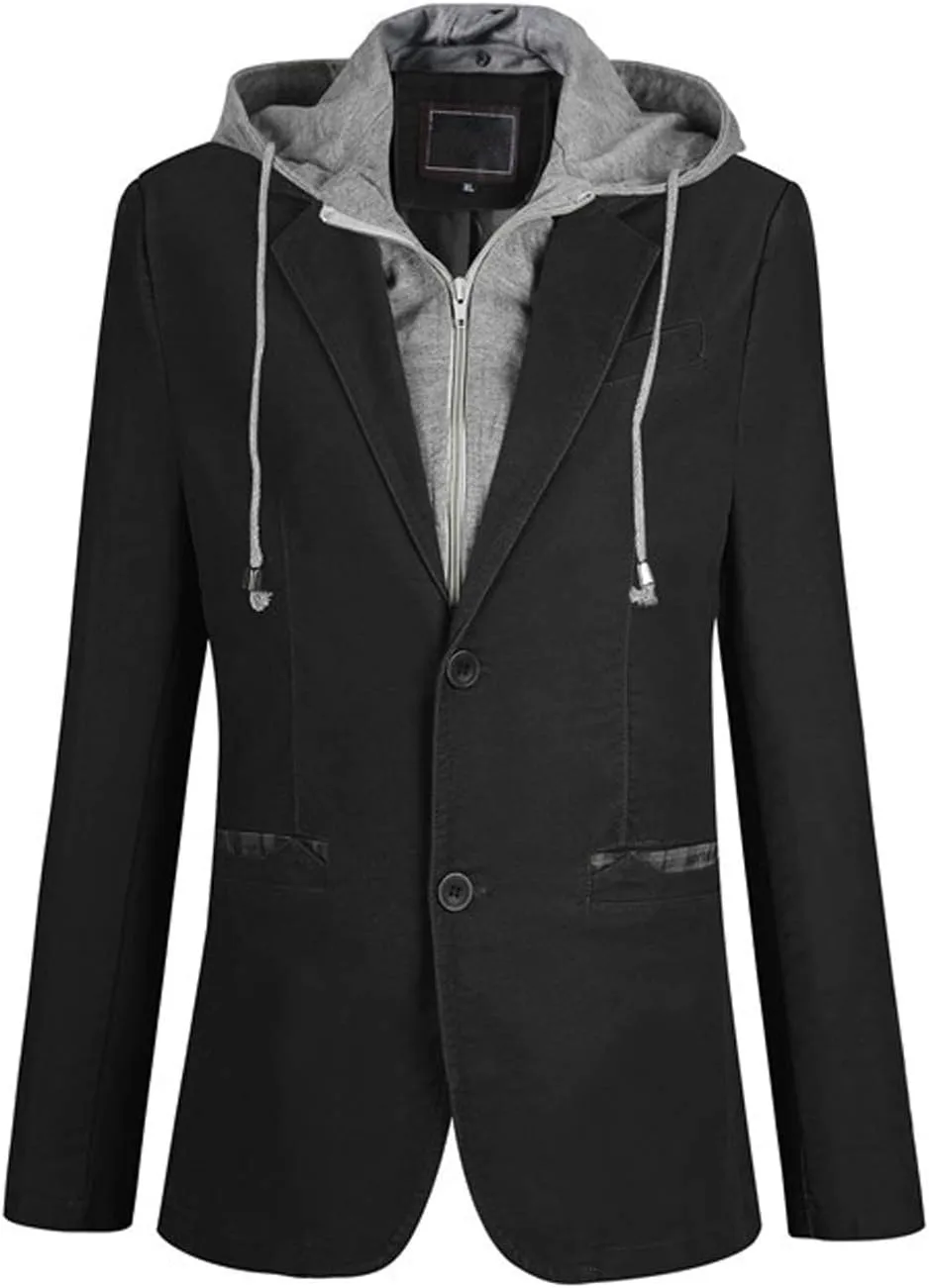ebossy Man's Stylish Detachable Hooded Slim 2 Button Casual Blazer Jacket