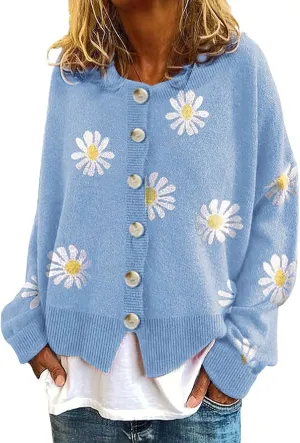 ebossy Women's Vintage Floral Crop Cardigan Sweather Artistic Aesthetic Cable Knitted Oversized Sweater Outwear