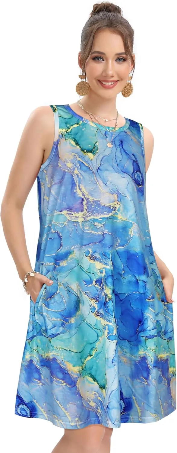 elescat Women's Summer Dresses 2025 Beach Casual Sleeveless Floral Print Tank Loose Sundress with Pocket