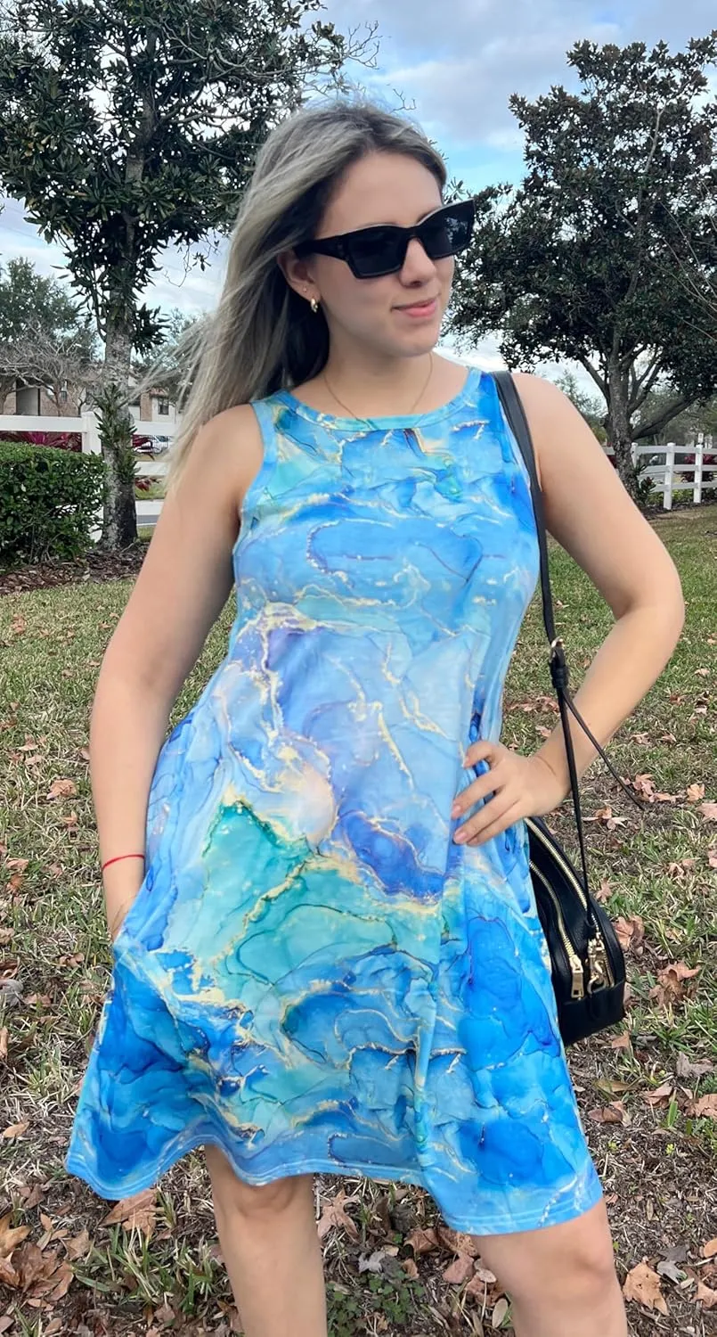 elescat Women's Summer Dresses 2025 Beach Casual Sleeveless Floral Print Tank Loose Sundress with Pocket