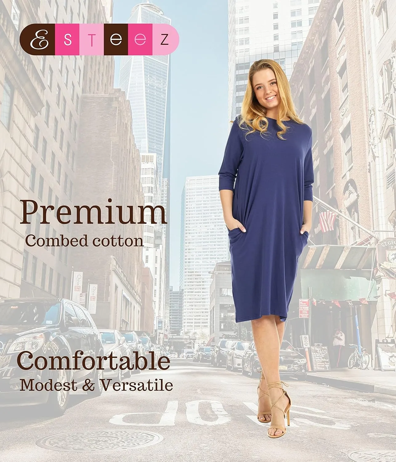 ESTEEZ Comfy Casual Cotton Loose T-Shirt Dress with Pockets for Women