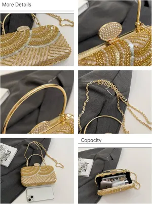 Evening Clutch Purse, Gold Sequin Beaded Design, Metal Handle,Embroidered Small Crossbody Bag
