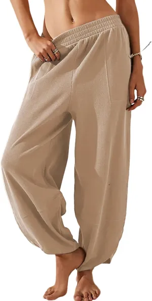 Faleave Women's Baggy Wide Leg Pants Elastic Waisted Casual Comfy Palazzo Harem Pants with Pockets