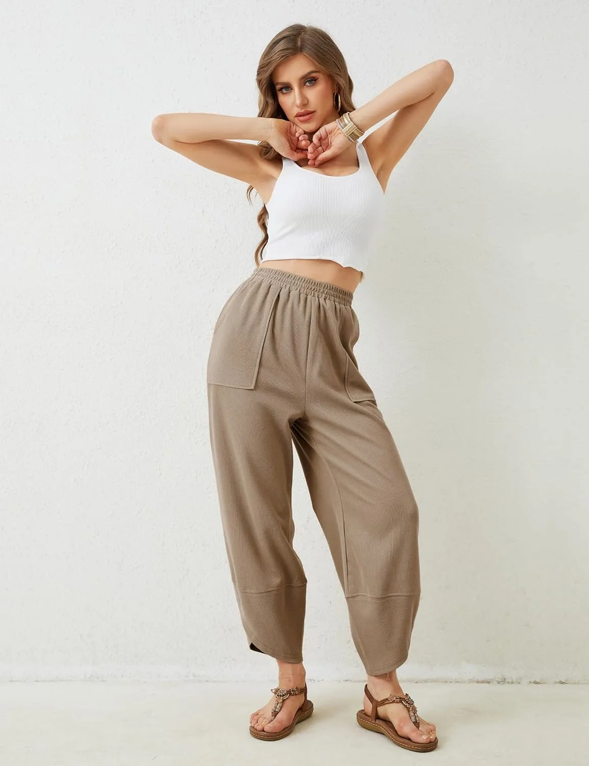 Faleave Women's Baggy Wide Leg Pants Elastic Waisted Casual Comfy Palazzo Harem Pants with Pockets