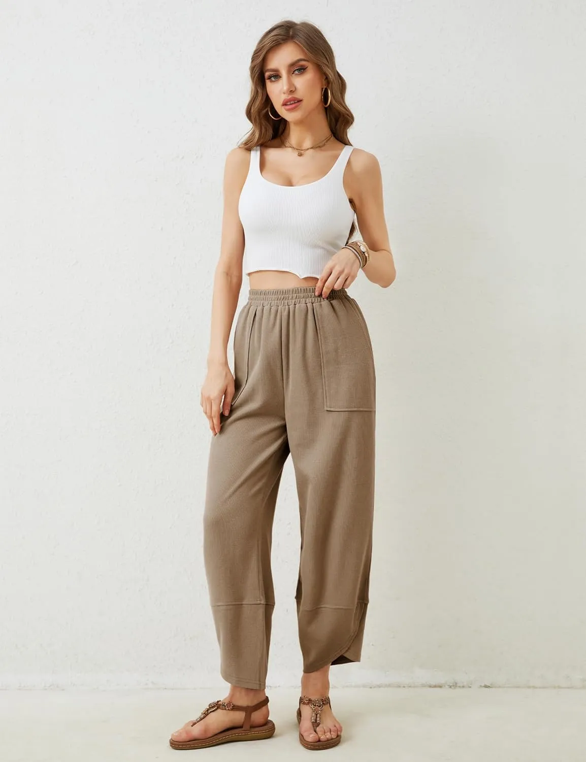 Faleave Women's Baggy Wide Leg Pants Elastic Waisted Casual Comfy Palazzo Harem Pants with Pockets