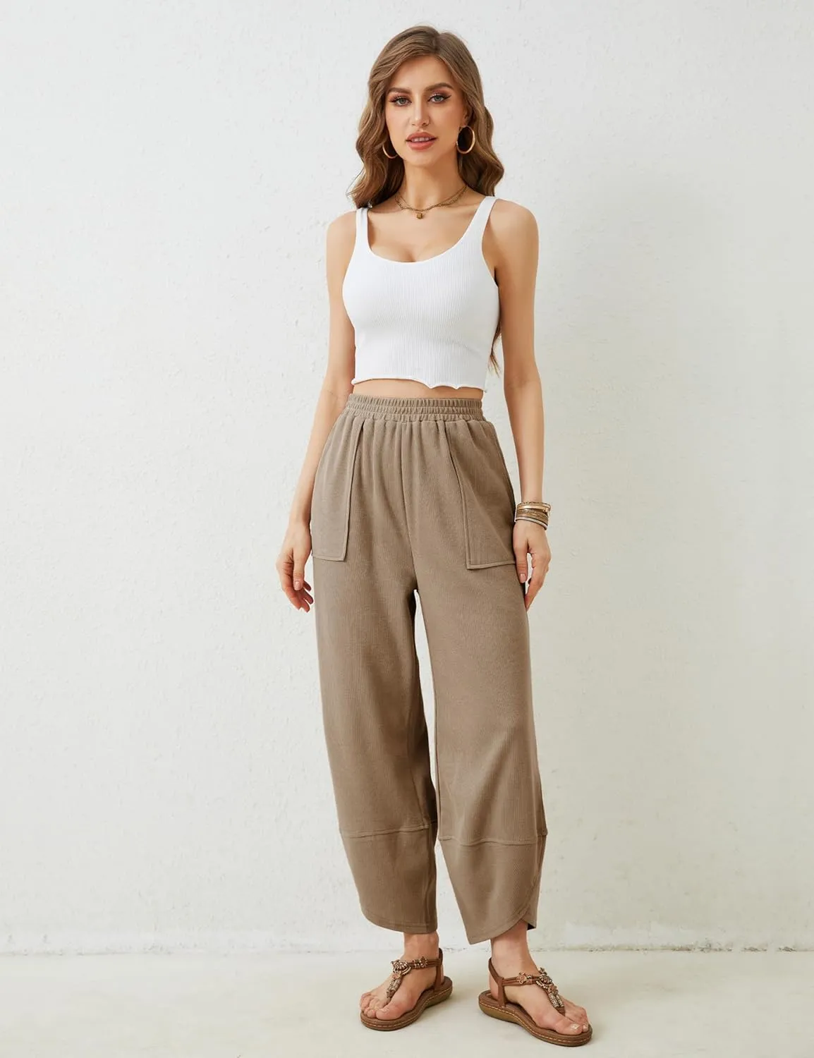 Faleave Women's Baggy Wide Leg Pants Elastic Waisted Casual Comfy Palazzo Harem Pants with Pockets