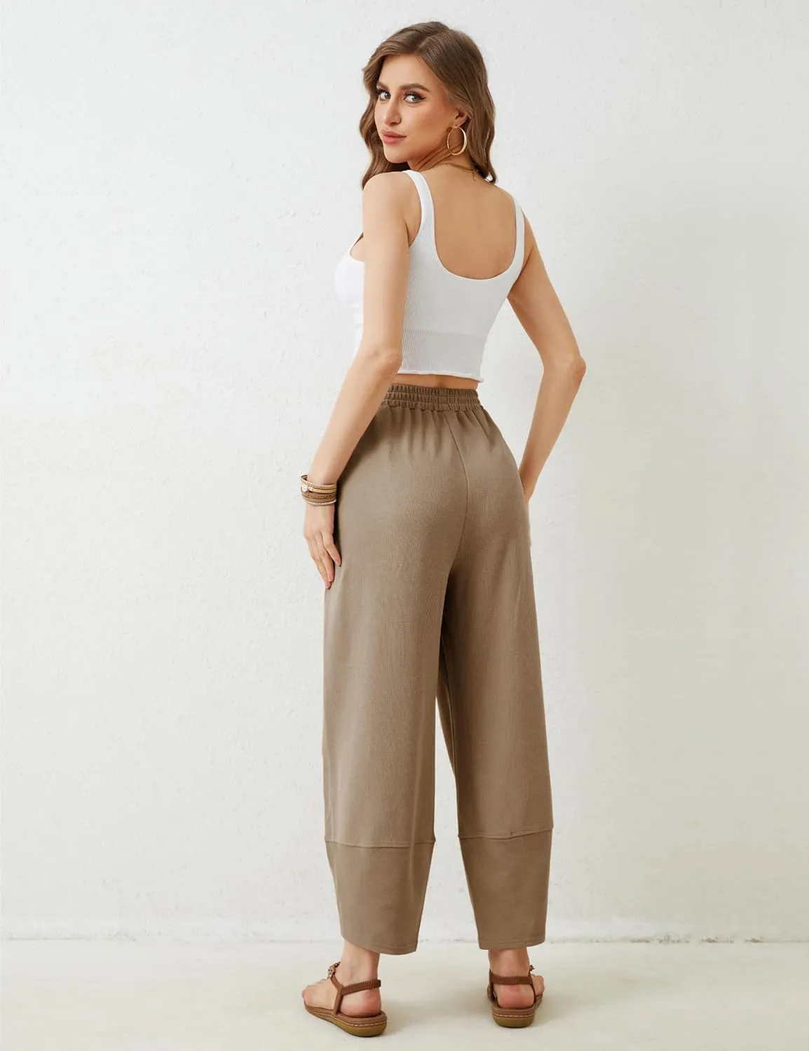 Faleave Women's Baggy Wide Leg Pants Elastic Waisted Casual Comfy Palazzo Harem Pants with Pockets