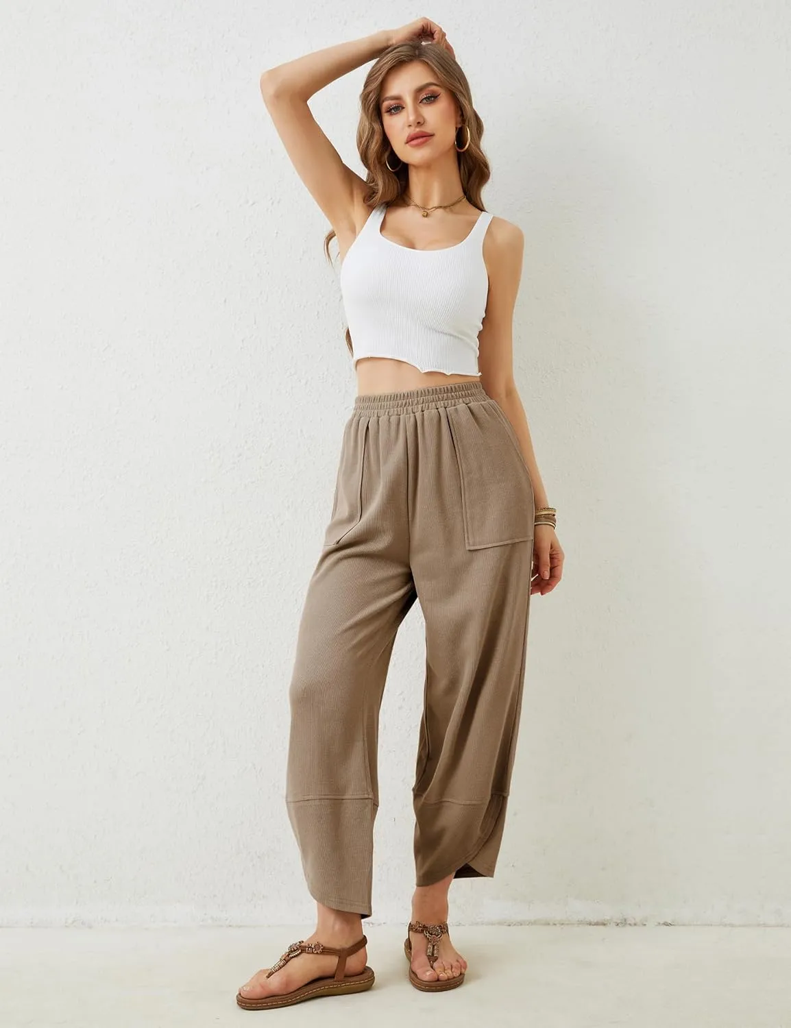 Faleave Women's Baggy Wide Leg Pants Elastic Waisted Casual Comfy Palazzo Harem Pants with Pockets