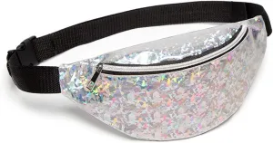 Fanny Pack Women's PU Leather Waist Bag Fashion Portable Waist Bag Travel Sports Small Wallet (Silver)