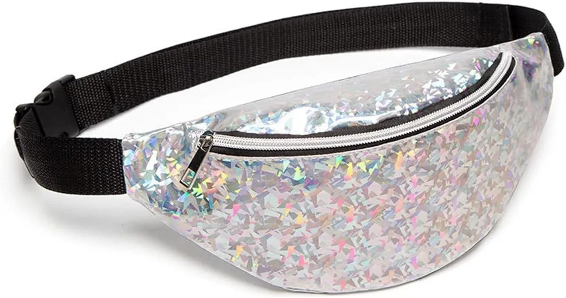 Fanny Pack Women's PU Leather Waist Bag Fashion Portable Waist Bag Travel Sports Small Wallet (Silver)