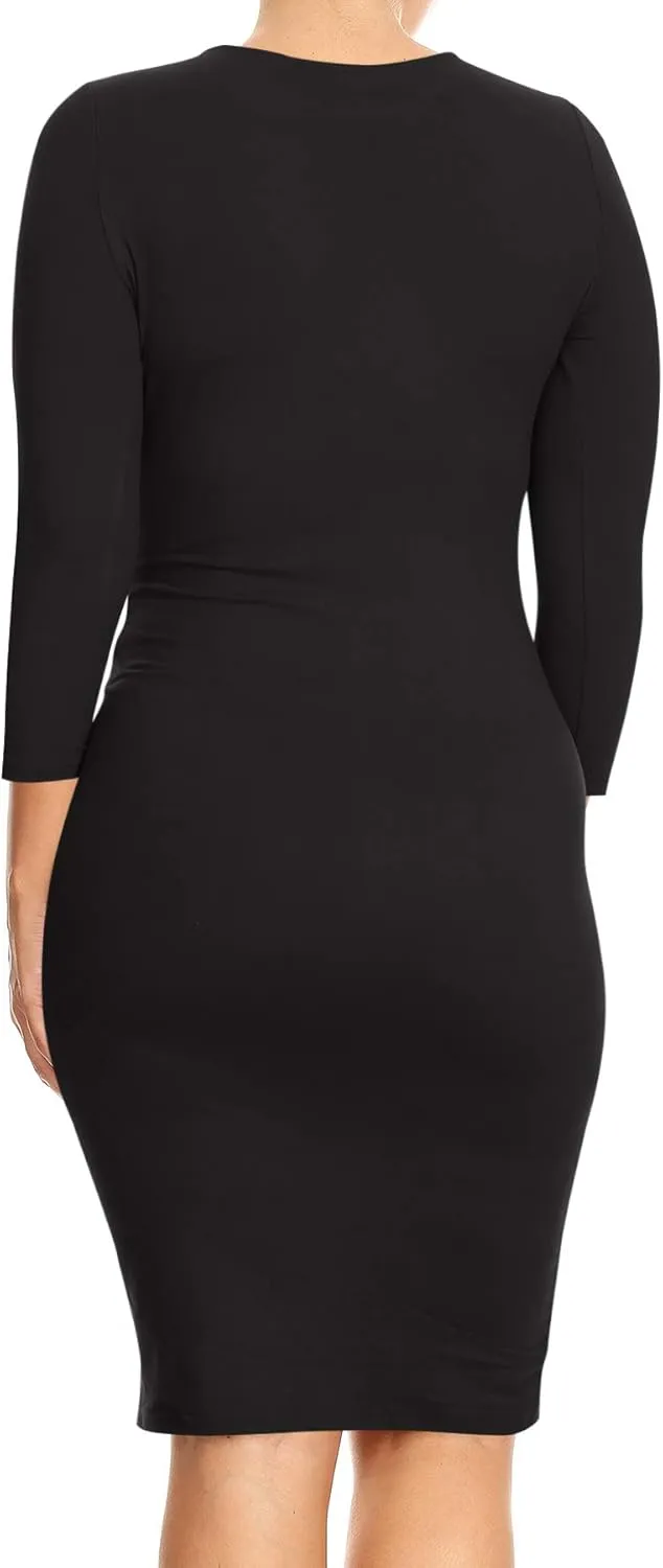FashionStream Women's Plus Size Comfy Stretch Crew Neck 3/4 Sleeves Solid Slim Fit Bodycon Midi Dress