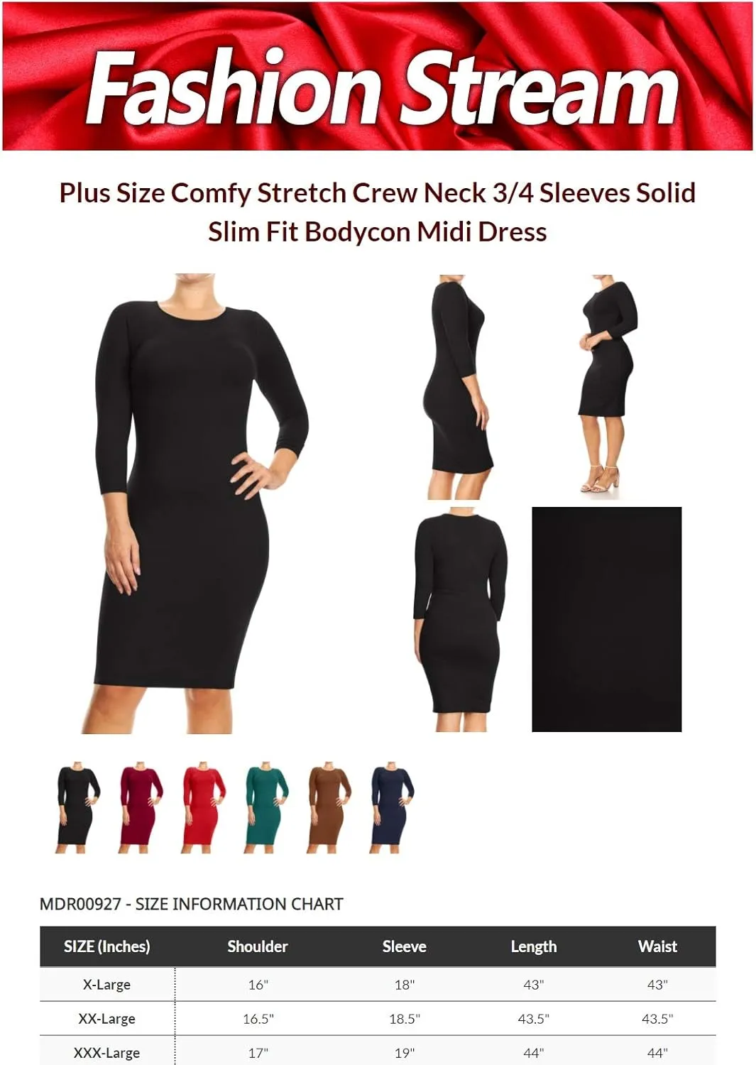 FashionStream Women's Plus Size Comfy Stretch Crew Neck 3/4 Sleeves Solid Slim Fit Bodycon Midi Dress