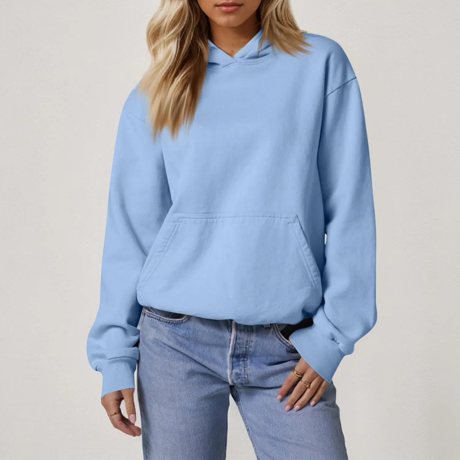 Fleece Hoodie Women Oversized Plain Hooded Sweatshirt Casual Long Sleeve Pullover Tops Comfy Drop Shoulder Sweater