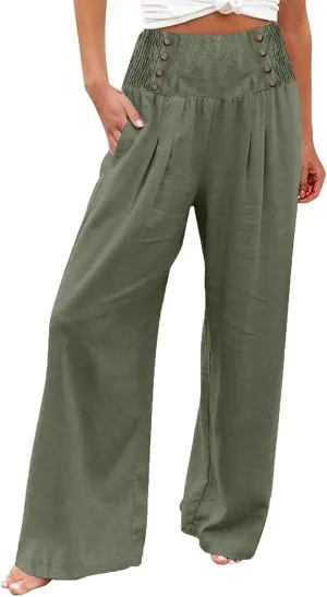 FlekmanArt Linen Wide Leg Pants Women Comfy Flowy High Waisted Beach Palazzo Pants with Pockets 2024