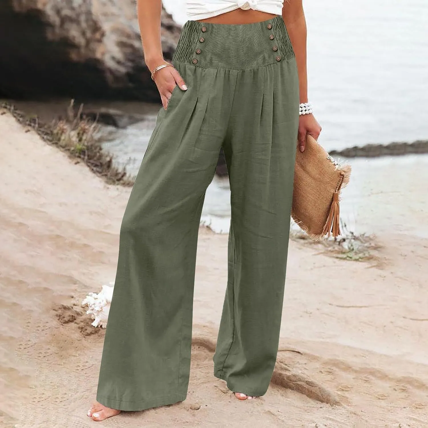FlekmanArt Linen Wide Leg Pants Women Comfy Flowy High Waisted Beach Palazzo Pants with Pockets 2024