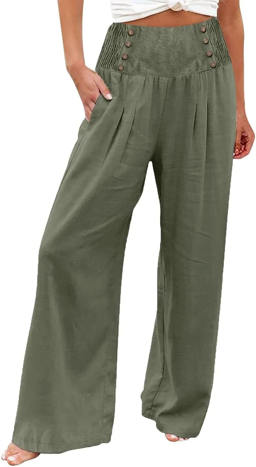 FlekmanArt Linen Wide Leg Pants Women Comfy Flowy High Waisted Beach Palazzo Pants with Pockets 2024
