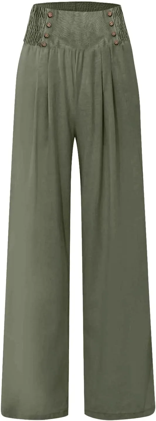FlekmanArt Linen Wide Leg Pants Women Comfy Flowy High Waisted Beach Palazzo Pants with Pockets 2024