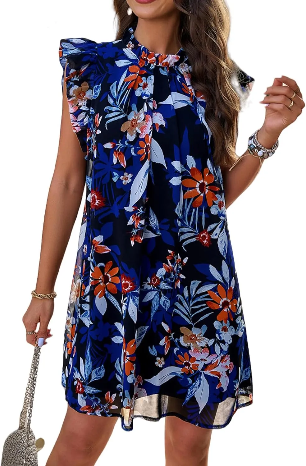 Floral Dresses for Women Summer Loose Short Ruffle Sleeve Print Mini Dress